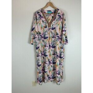 Kate Landry 1X Beaded Dress Floral Midi Muumuu House Resort Tropical Hippie Boho